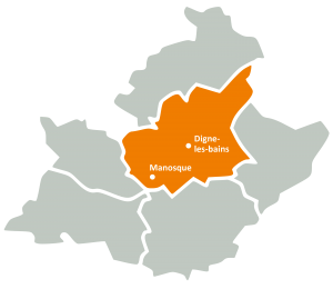 Carte de la zone d'intervention de l'URAPEDA SUD sur le département des Alpes de Hautes Provence