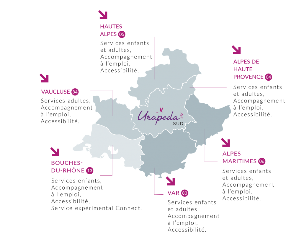 Carte de la région Sud PACA regroupant l'ensemble des services de l'URAPEDA SUD